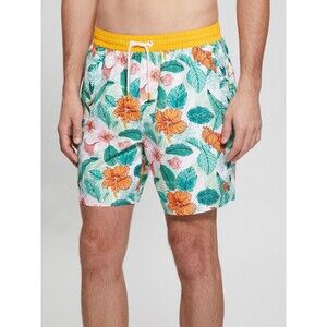 Guess Men's Vintage-Print Floral Swim Trunks - Aop Green and Pink Foliage, L